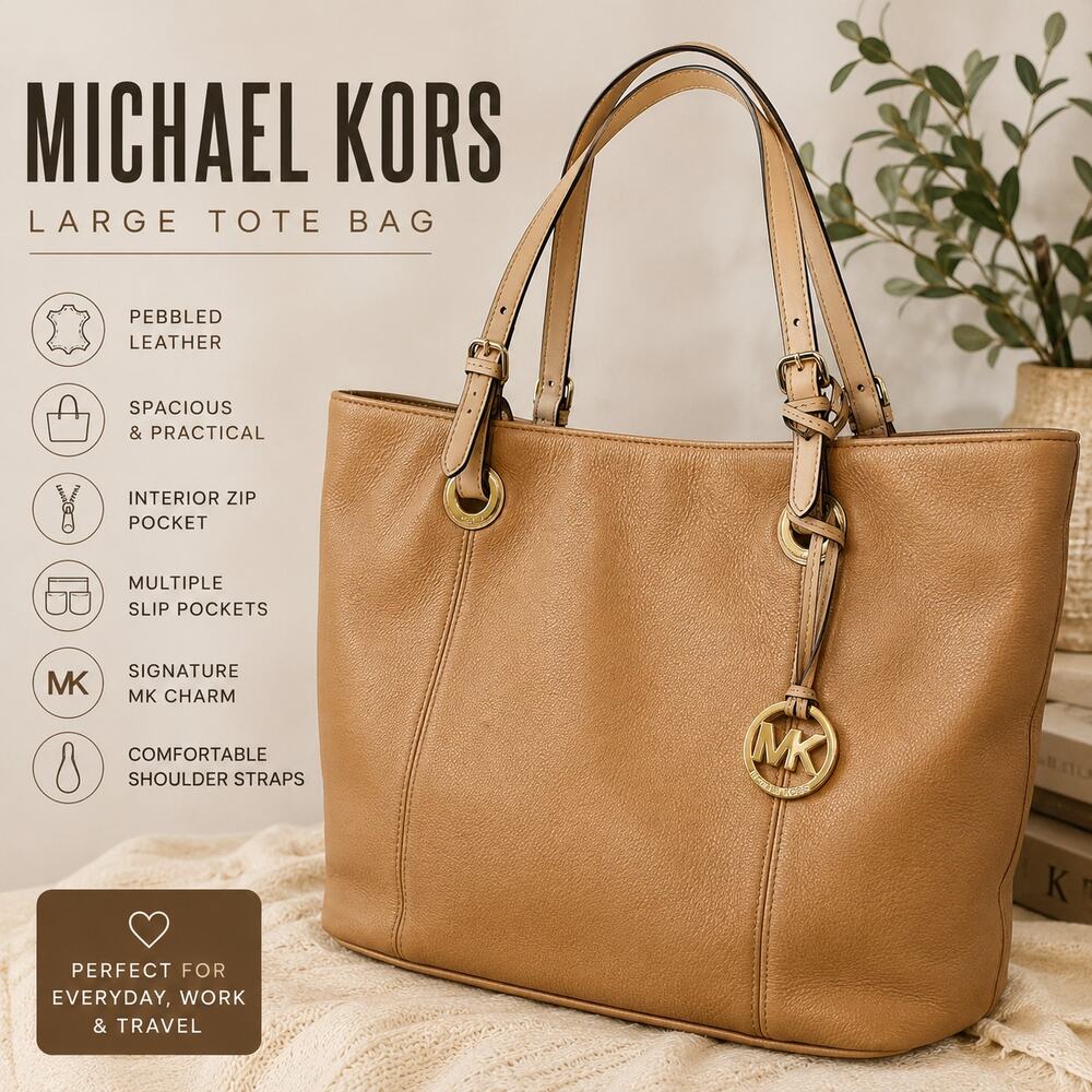 Michael Kors Large Pebbled Leather Tote Bag Tan Beige Shoulder Purse